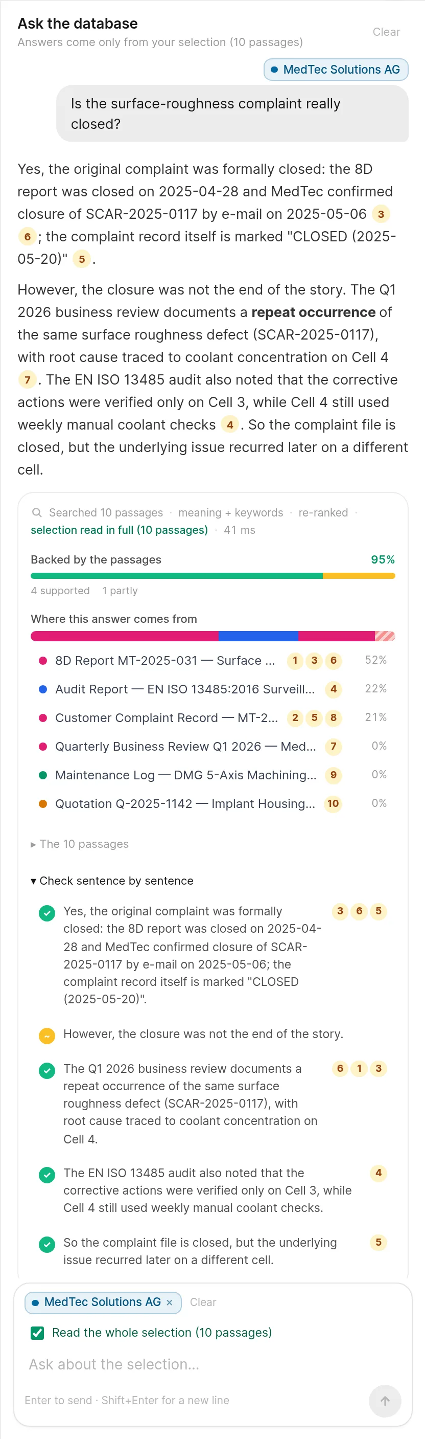 An answer with its sources, the share of each document and the sentence check